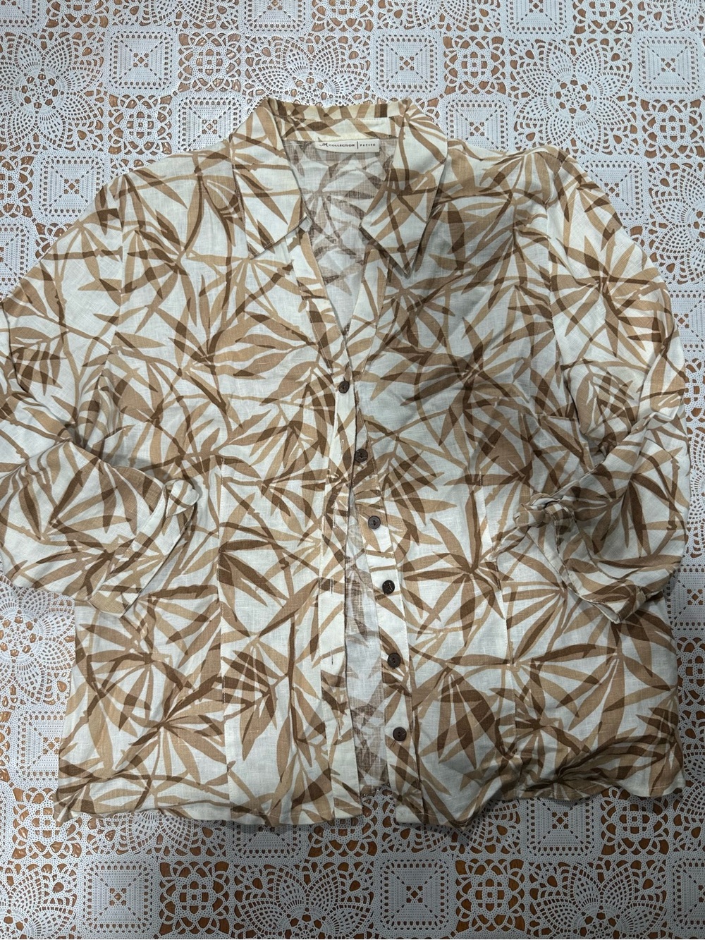 JM Collection Petite Tan Ivory Leaf Print Button Down Blouse